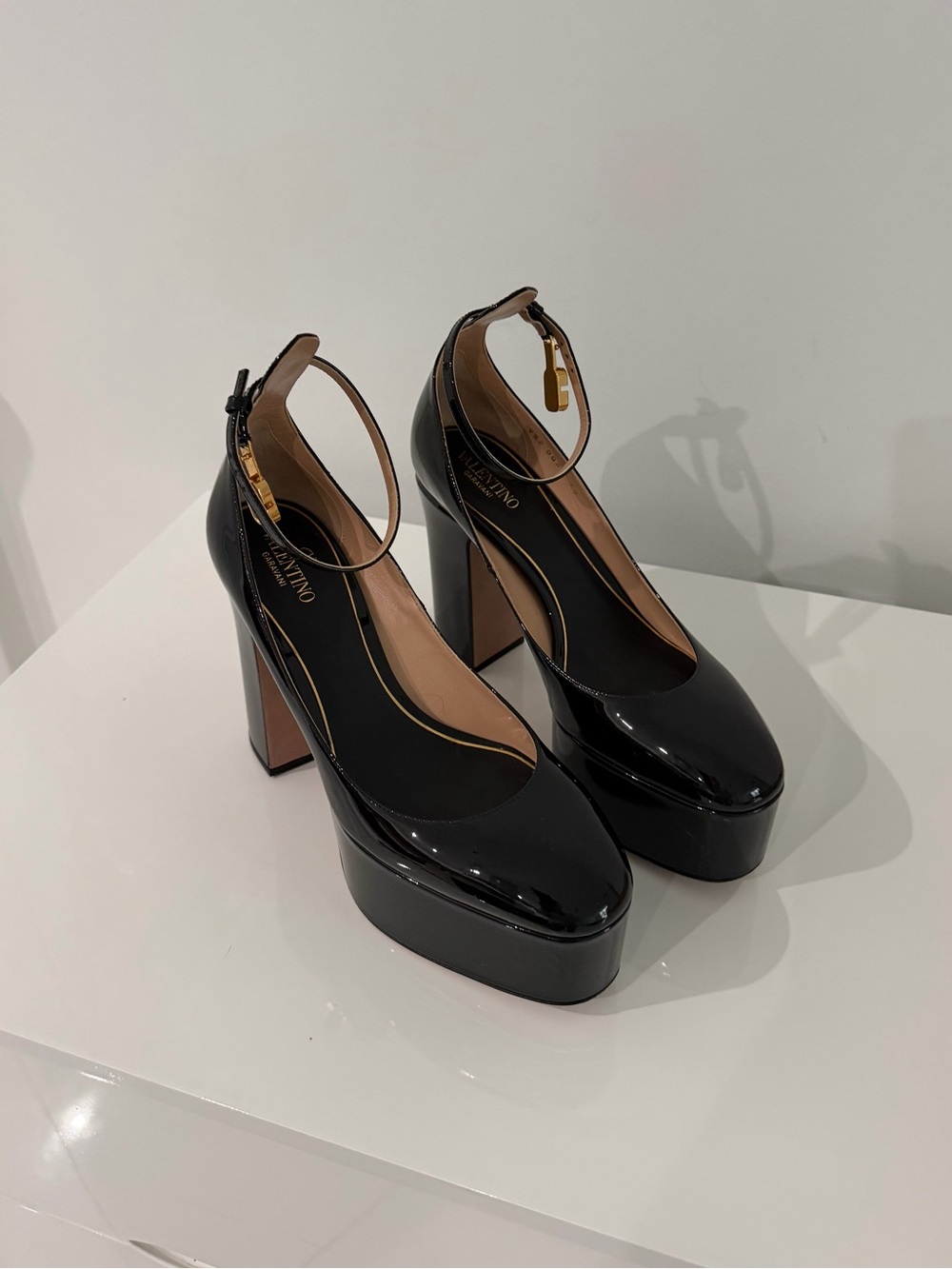 Valentino Black Patent Platform Block Heel Ankle-Strap Pumps